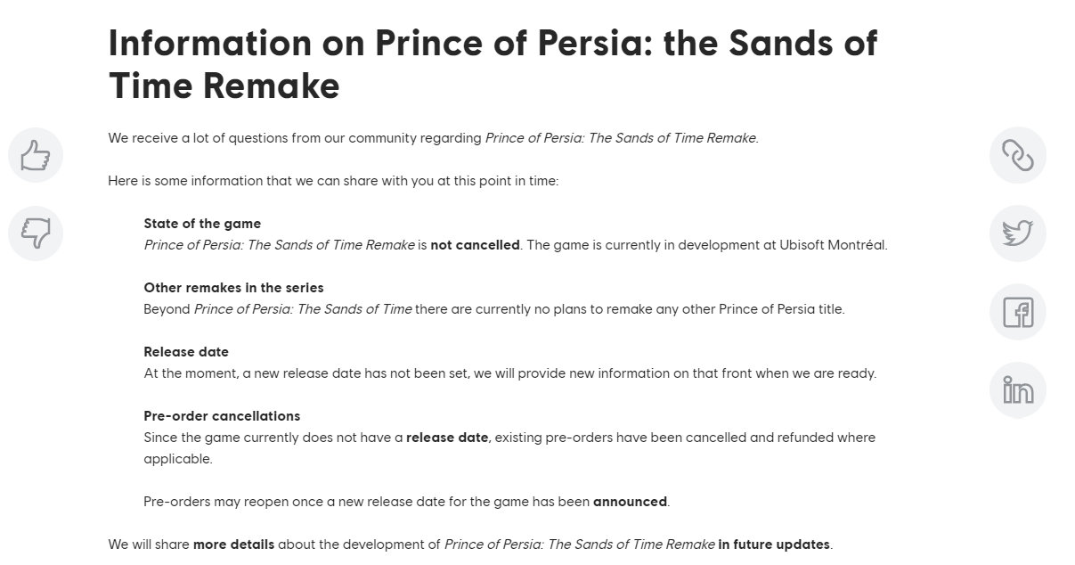 【育碧称《波斯王子：时之砂 重制版》未取消 发售日待定】《波斯王子：时之砂 重制版》最早计划于2021年1月21日发售，