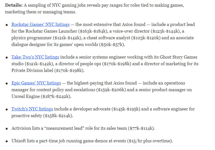 【多家游戏开发商年薪曝光 R星不敌Epic】纽约最近颁布的新的政策，该法案规定纽约市内11月起，四名员工以上的公司必须公