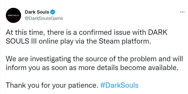 【《黑暗之魂3》PC版在线服务器再次关闭】今年1月份时因为《黑魂》系列爆出严重漏洞，因此系列三款游戏的PC版（steam
